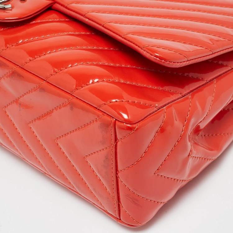 Pre Owned Chanel Orange Chevron Patent Leather Maxi Classic Single Flap Bag