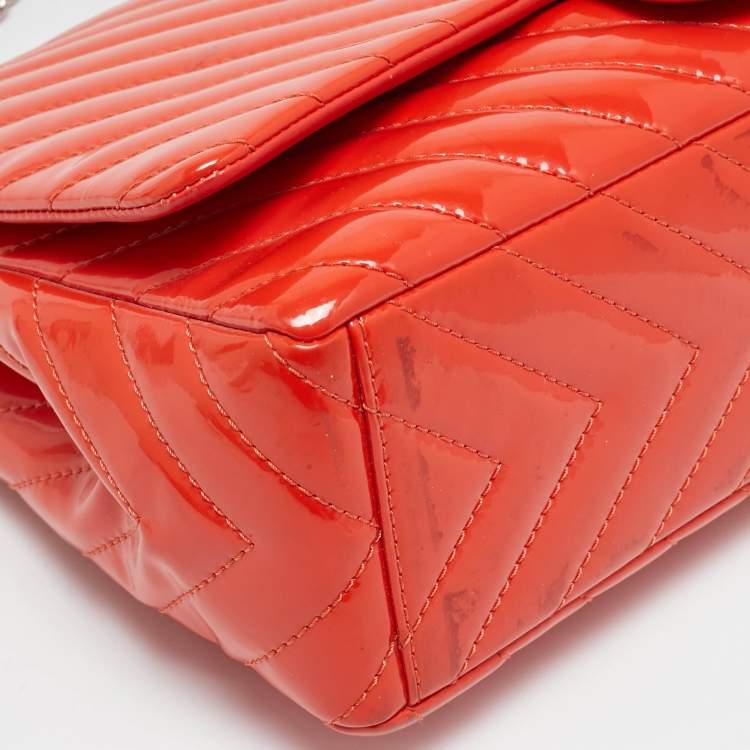 Pre Owned Chanel Orange Chevron Patent Leather Maxi Classic Single Flap Bag