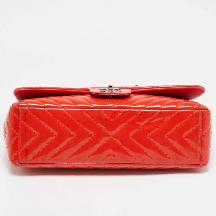 Pre Owned Chanel Orange Chevron Patent Leather Maxi Classic Single Flap Bag