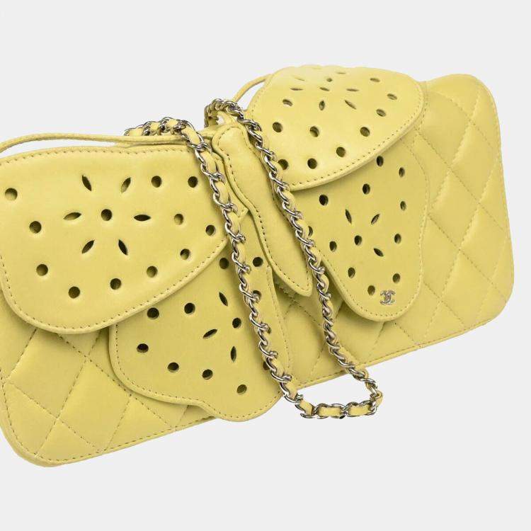 Pre Owned Chanel Lime Green Lambskin Leather Butterfly Shoulder Bag