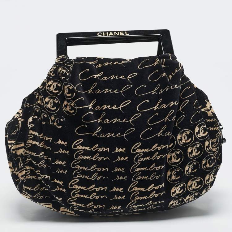 Pre Owned Chanel Black/Beige Velvet Printed Velour Frame Bag