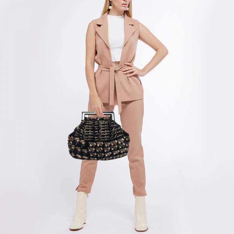 Pre Owned Chanel Black/Beige Velvet Printed Velour Frame Bag