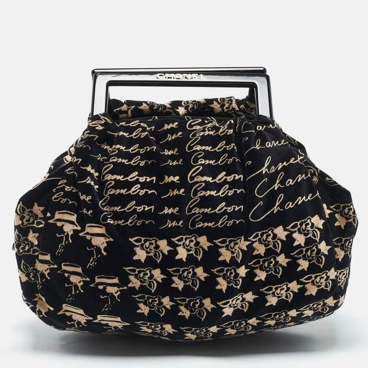 Pre Owned Chanel Black/Beige Velvet Printed Velour Frame Bag