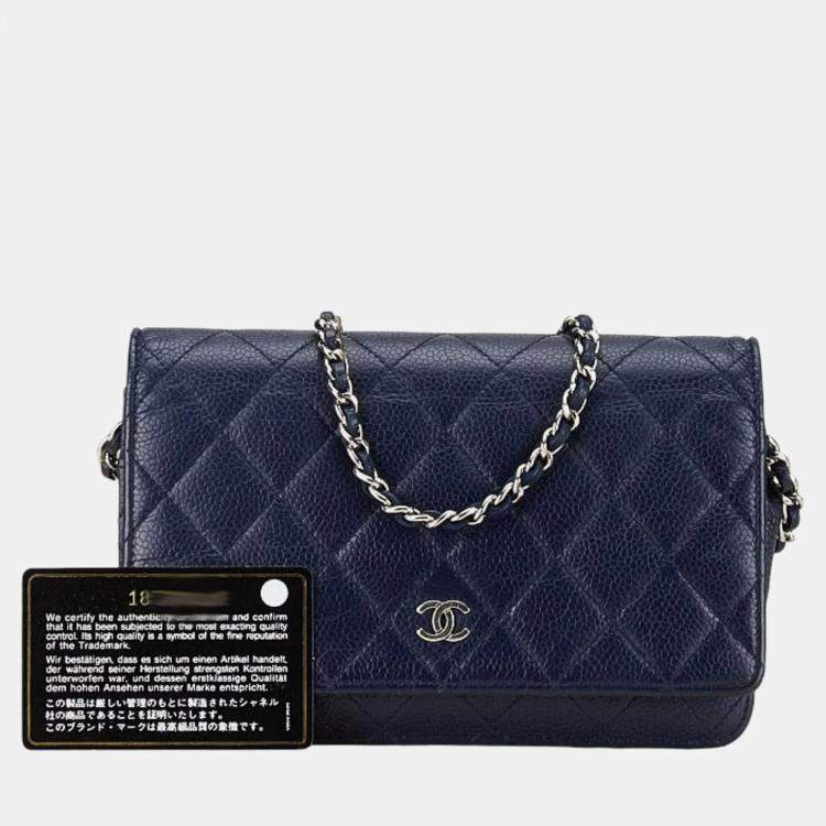 Pre Owned Chanel Navy Blue Caviar Leather Wallet on Chain