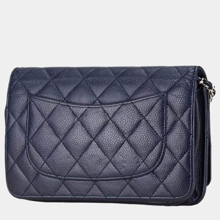 Pre Owned Chanel Navy Blue Caviar Leather Wallet on Chain