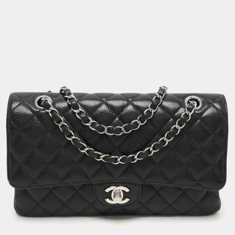 Pre Owned Chanel Black Quilted Caviar Leather Medium Classic Double Flap Bag