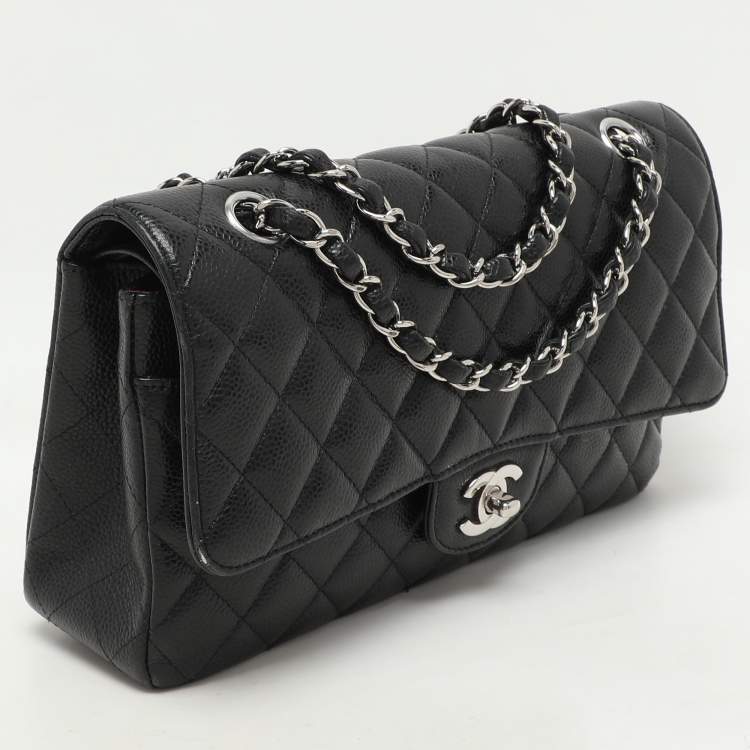Pre Owned Chanel Black Quilted Caviar Leather Medium Classic Double Flap Bag