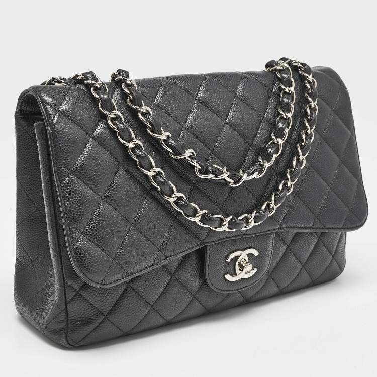 Pre Owned Chanel Black Quilted Caviar Leather Jumbo Classic Single Flap Bag