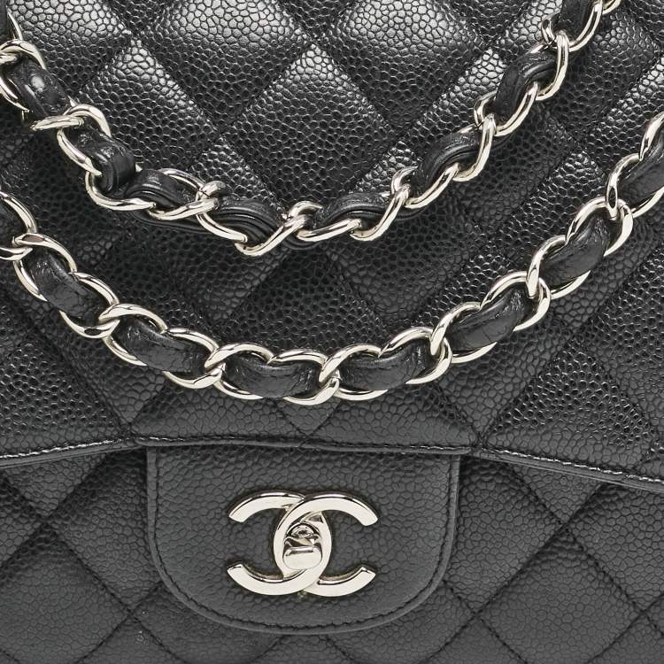Pre Owned Chanel Black Quilted Caviar Leather Jumbo Classic Single Flap Bag