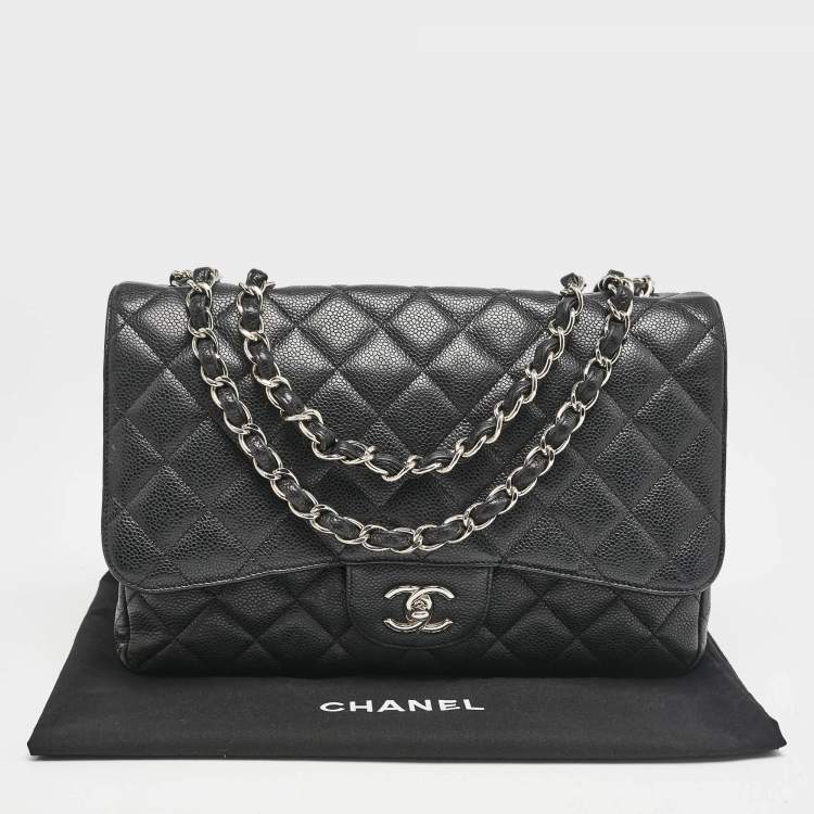 Pre Owned Chanel Black Quilted Caviar Leather Jumbo Classic Single Flap Bag