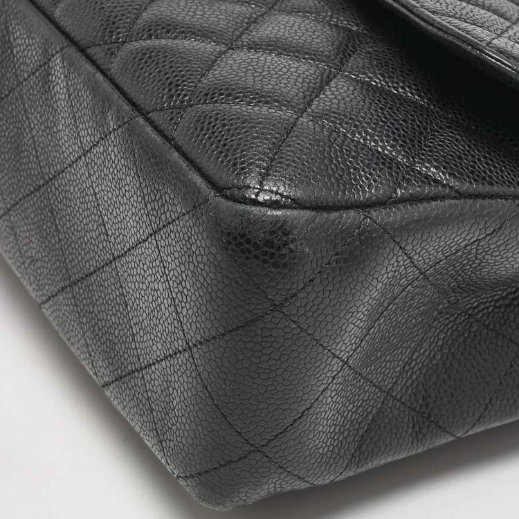 Pre Owned Chanel Black Quilted Caviar Leather Jumbo Classic Single Flap Bag