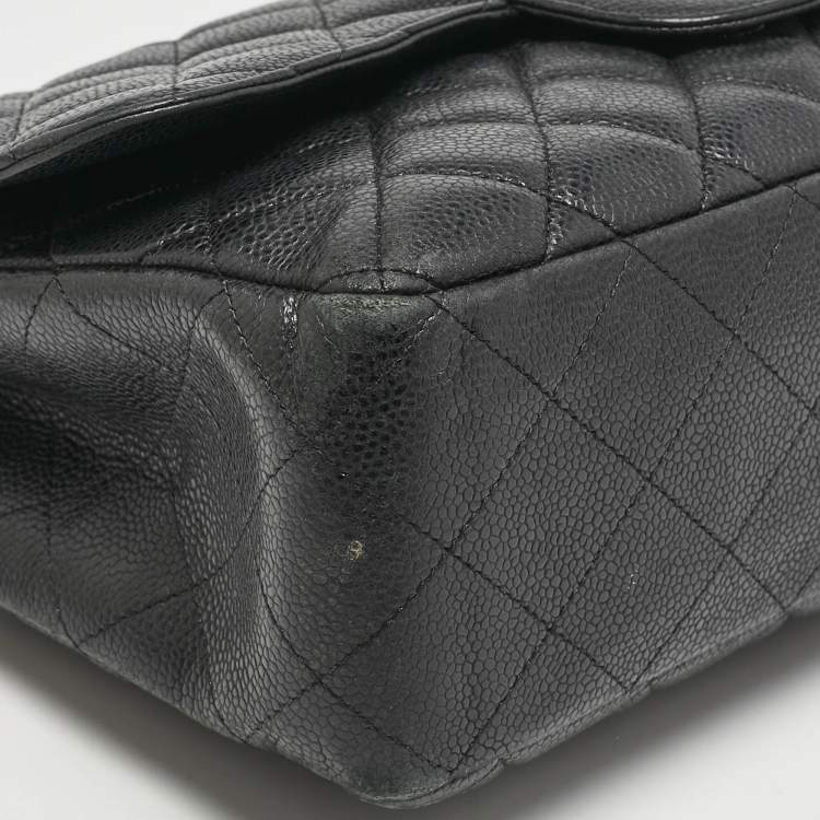 Pre Owned Chanel Black Quilted Caviar Leather Jumbo Classic Single Flap Bag
