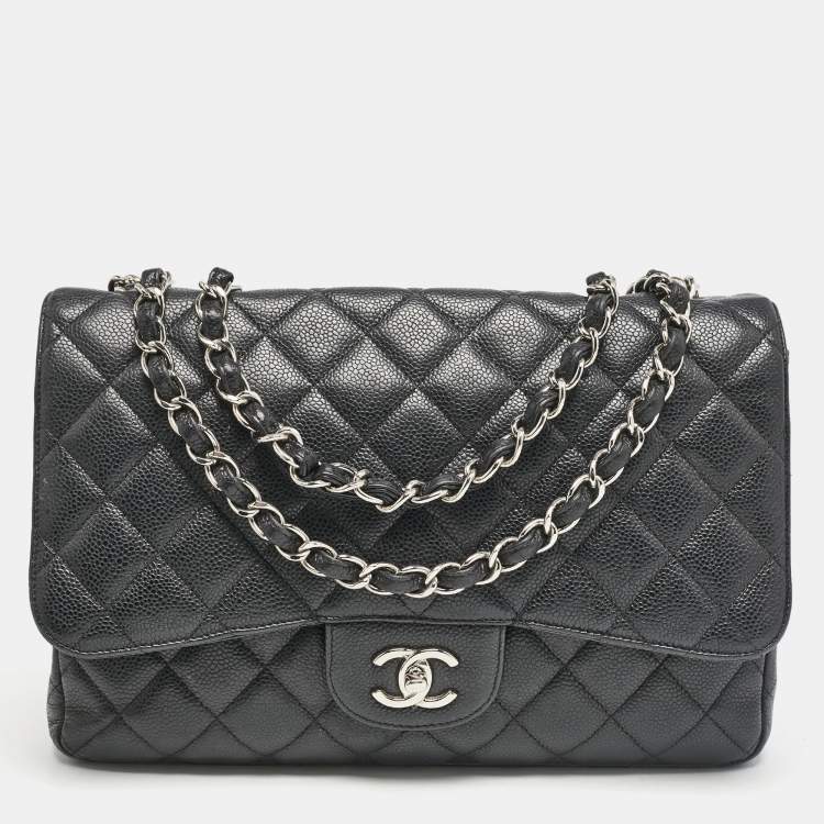Pre Owned Chanel Black Quilted Caviar Leather Jumbo Classic Single Flap Bag
