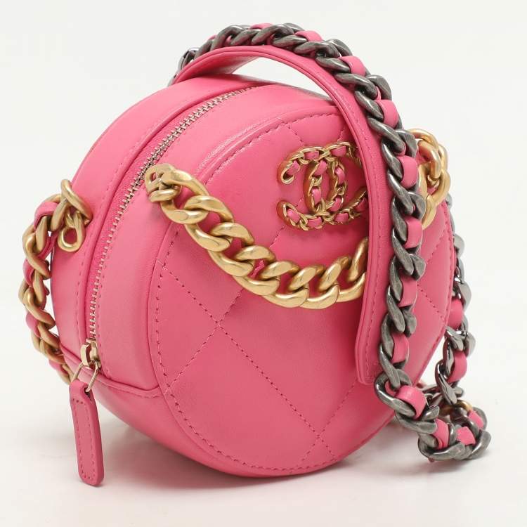 Pre Owned Chanel Pink Quilted Leather Chanel 19 Round Clutch Bag