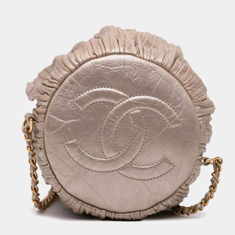 Pre Owned Chanel Medium Metallic Calfskin Coco Pleats Drawstring Backpack