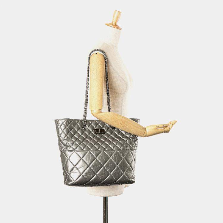 Pre Owned Chanel Silver Reissue 2.55 Quilted Aged Calfskin Tote Bag