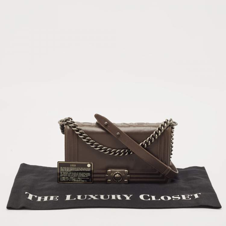 Pre Owned Chanel Dark Beige Glazed Leather Medium Boy Flap Bag