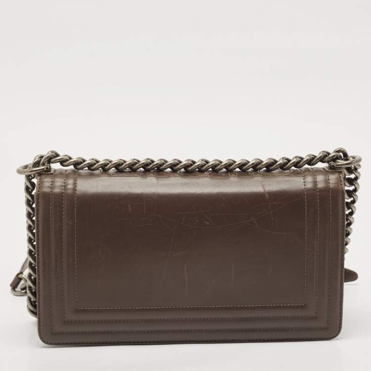 Pre Owned Chanel Dark Beige Glazed Leather Medium Boy Flap Bag
