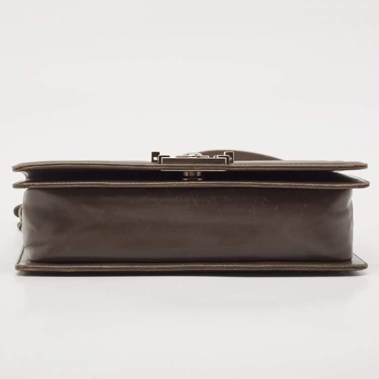 Pre Owned Chanel Dark Beige Glazed Leather Medium Boy Flap Bag