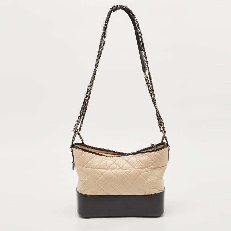 Pre Owned Chanel Beige/Black Quilted Aged Leather Medium Gabrielle Hobo