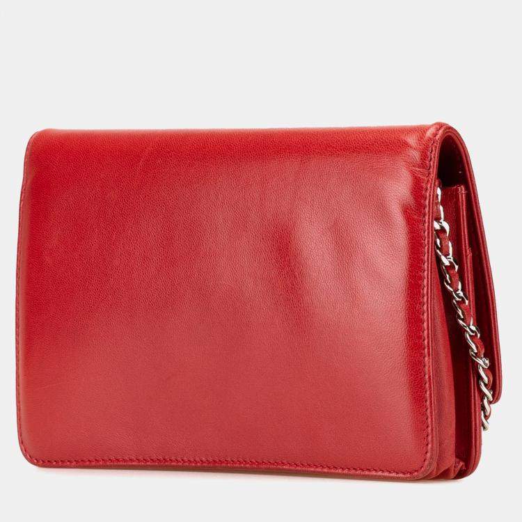 Pre Owned Chanel Red CC Calfskin Wallet On Chain