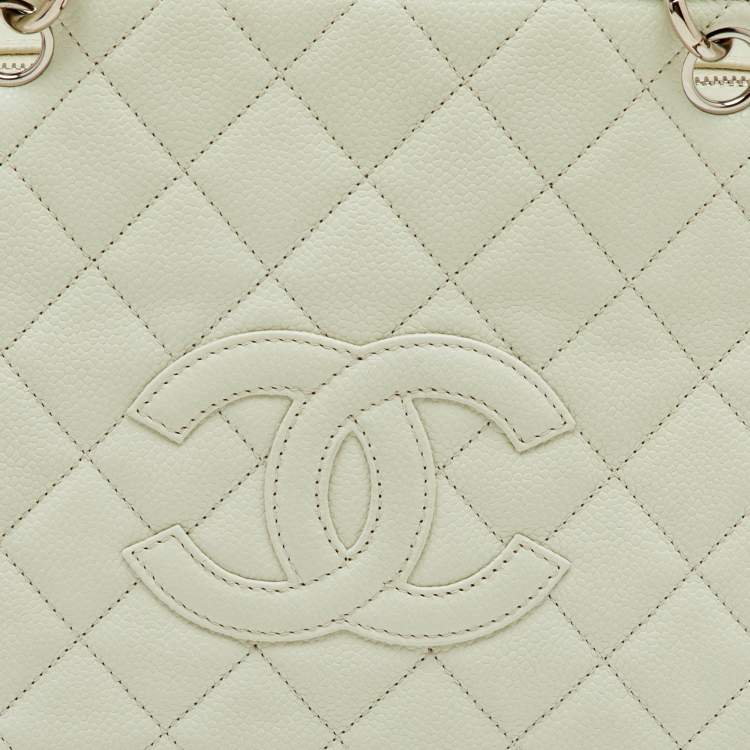 Pre Owned Chanel Off White Quilted Caviar Leather Petite Timeless Shopper Tote Bag