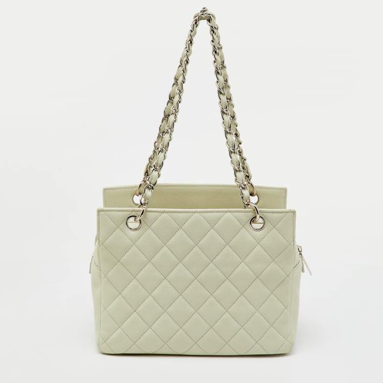 Pre Owned Chanel Off White Quilted Caviar Leather Petite Timeless Shopper Tote Bag