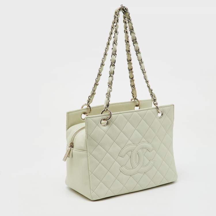 Pre Owned Chanel Off White Quilted Caviar Leather Petite Timeless Shopper Tote Bag