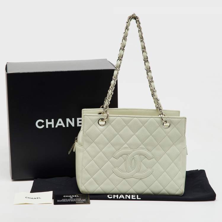 Pre Owned Chanel Off White Quilted Caviar Leather Petite Timeless Shopper Tote Bag