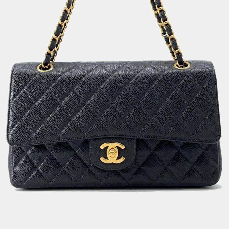 Pre Owned Chanel Matelasse Double Flap Chain Black Caviar Leather shoulder Bag