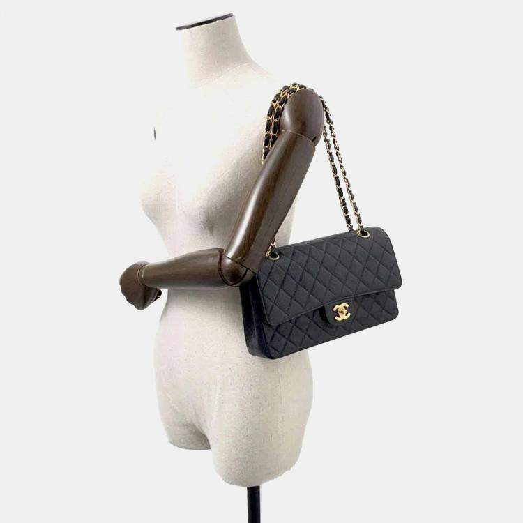 Pre Owned Chanel Matelasse Double Flap Chain Black Caviar Leather shoulder Bag