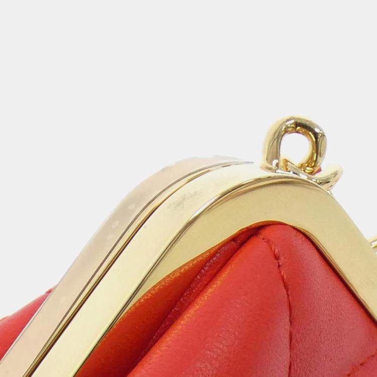 Pre Owned Chanel Red Lambskin Quilted Mini Kiss Lock Clutch With Chain 
