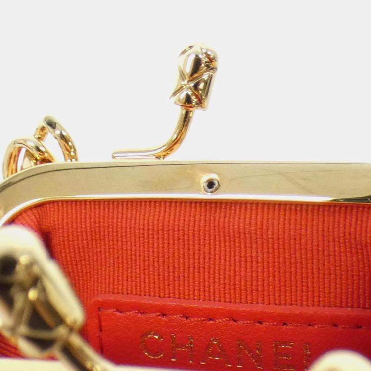 Pre Owned Chanel Red Lambskin Quilted Mini Kiss Lock Clutch With Chain 