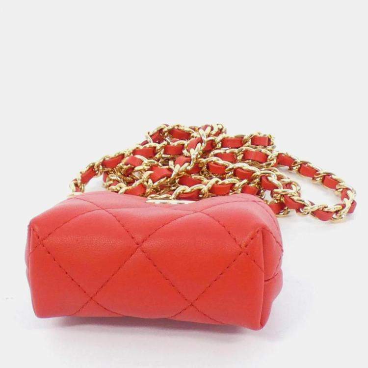 Pre Owned Chanel Red Lambskin Quilted Mini Kiss Lock Clutch With Chain 