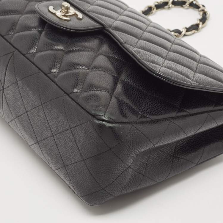 Pre Owned Chanel Black Quilted Caviar Leather Jumbo Classic Single Flap Bag