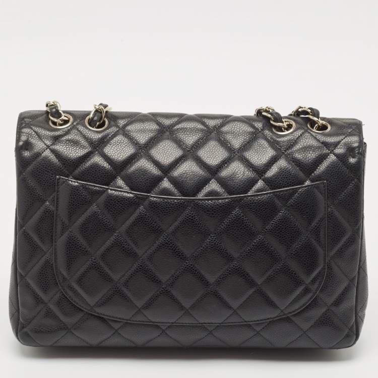 Pre Owned Chanel Black Quilted Caviar Leather Jumbo Classic Single Flap Bag