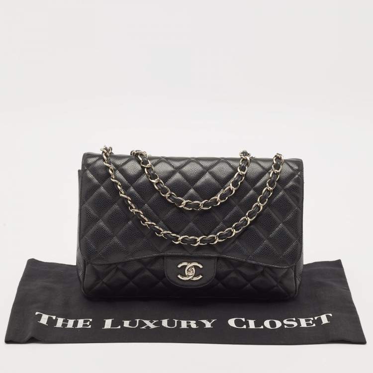 Pre Owned Chanel Black Quilted Caviar Leather Jumbo Classic Single Flap Bag