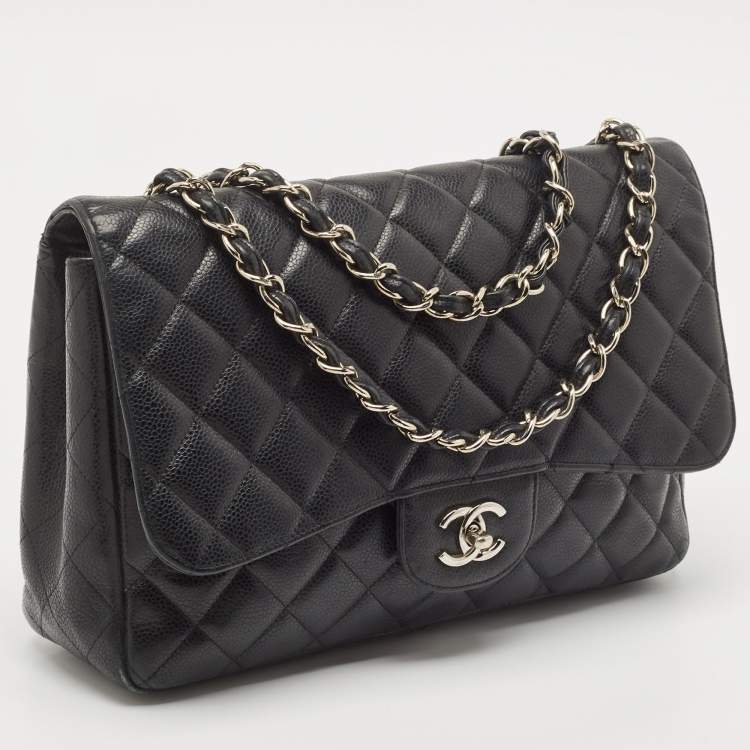Pre Owned Chanel Black Quilted Caviar Leather Jumbo Classic Single Flap Bag