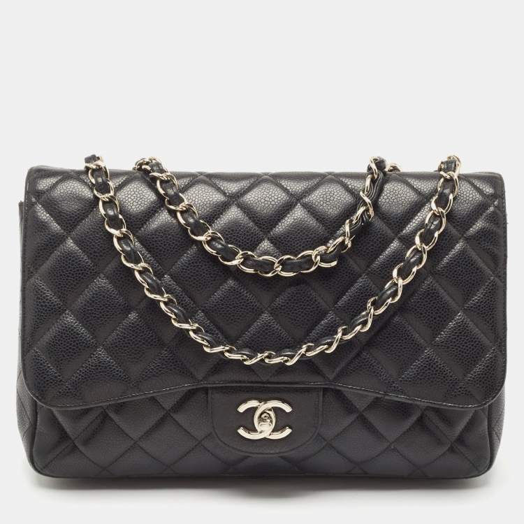Pre Owned Chanel Black Quilted Caviar Leather Jumbo Classic Single Flap Bag
