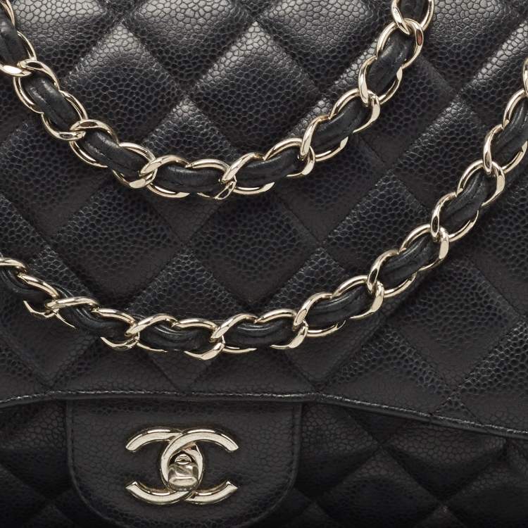 Pre Owned Chanel Black Quilted Caviar Leather Jumbo Classic Single Flap Bag