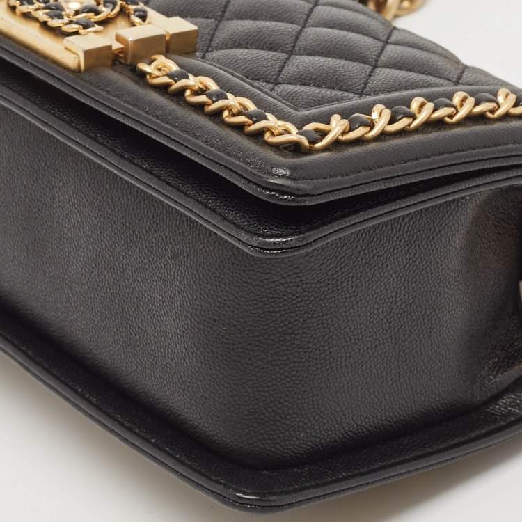 Pre Owned Chanel Black Quilted Caviar Leather Small Chain Around Boy Flap Bag
