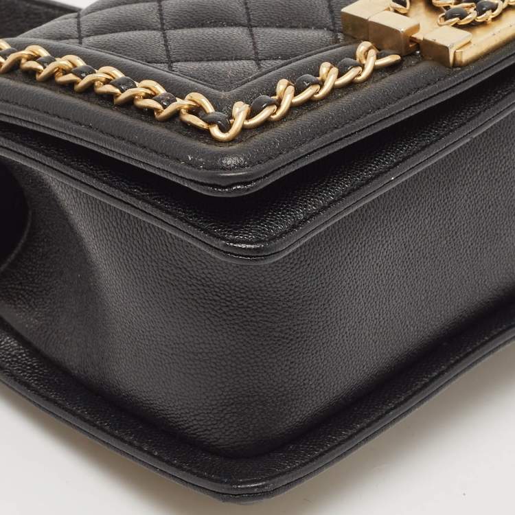 Pre Owned Chanel Black Quilted Caviar Leather Small Chain Around Boy Flap Bag