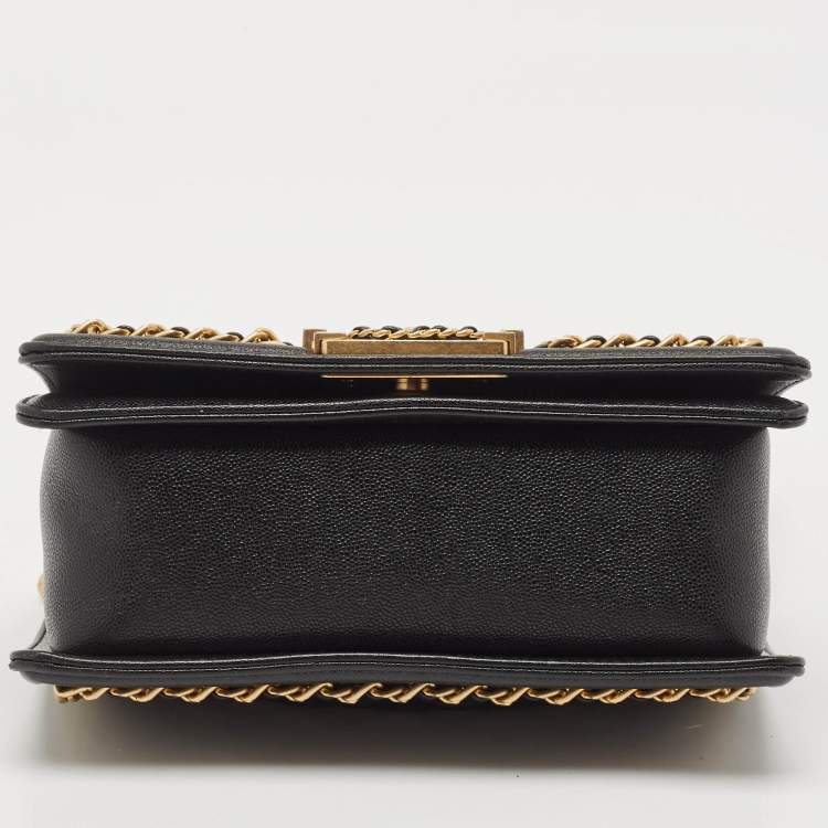 Pre Owned Chanel Black Quilted Caviar Leather Small Chain Around Boy Flap Bag