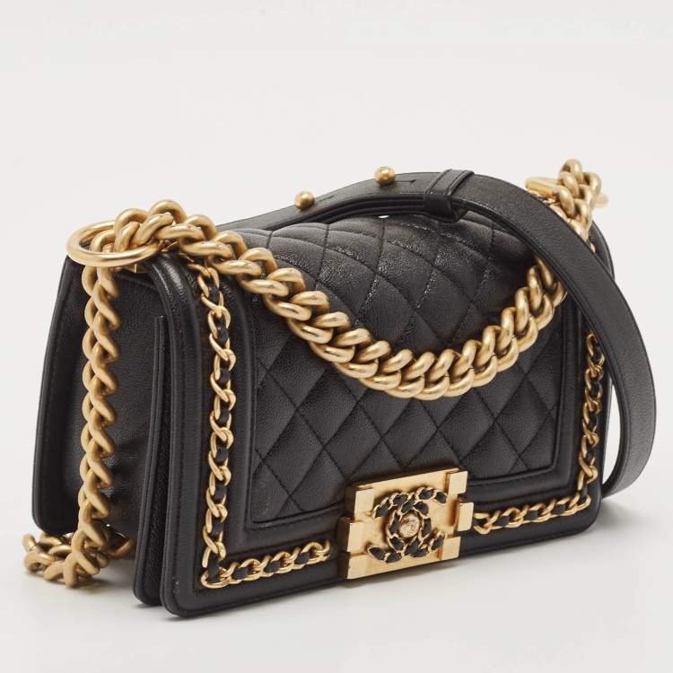 Pre Owned Chanel Black Quilted Caviar Leather Small Chain Around Boy Flap Bag