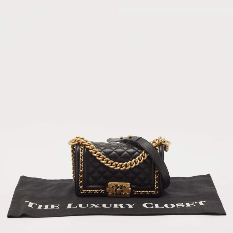 Pre Owned Chanel Black Quilted Caviar Leather Small Chain Around Boy Flap Bag