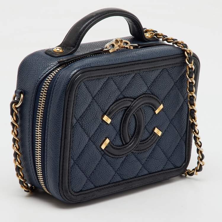 Pre Owned Chanel Navy Blue/Black Quilted Caviar Leather Small CC Filigree Vanity Case Bag