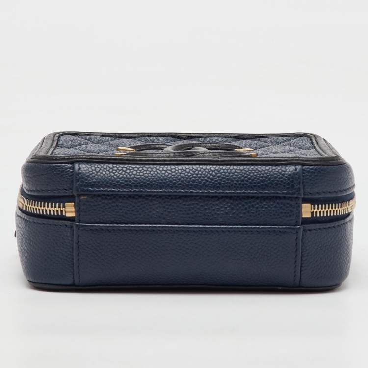Pre Owned Chanel Navy Blue/Black Quilted Caviar Leather Small CC Filigree Vanity Case Bag