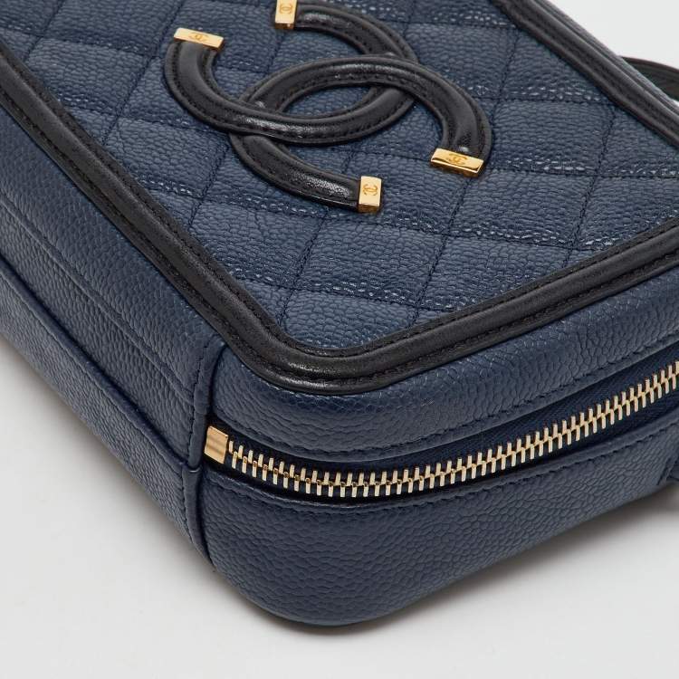Pre Owned Chanel Navy Blue/Black Quilted Caviar Leather Small CC Filigree Vanity Case Bag