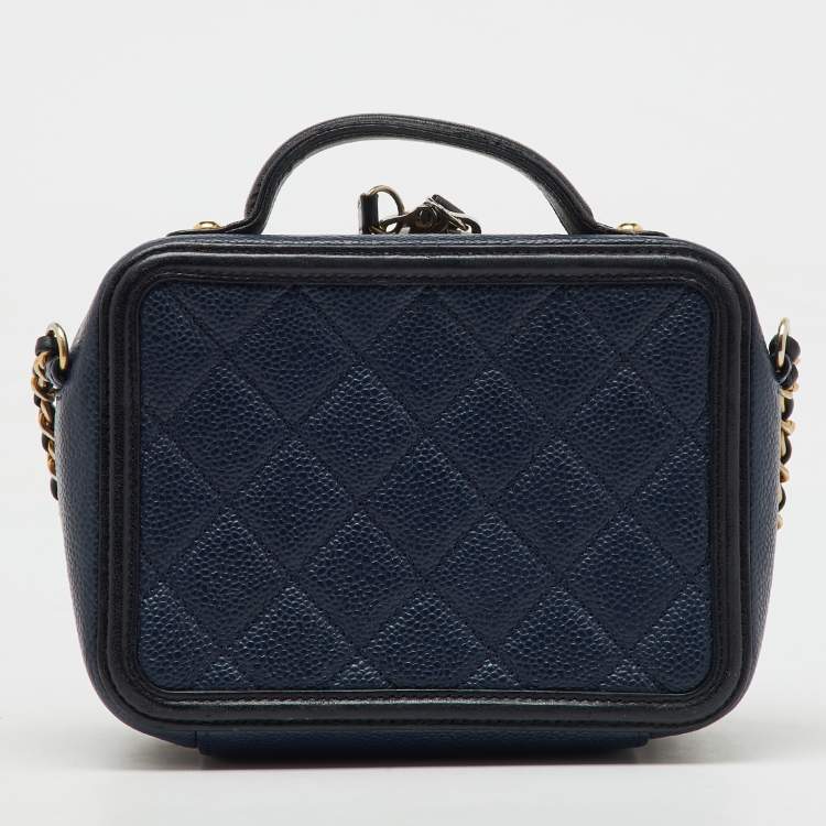 Pre Owned Chanel Navy Blue/Black Quilted Caviar Leather Small CC Filigree Vanity Case Bag