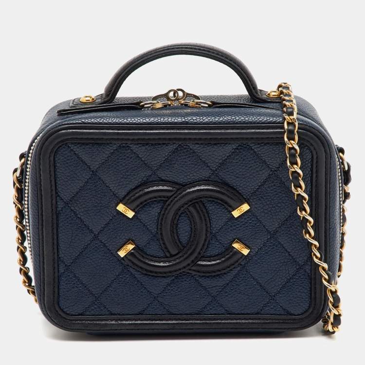 Pre Owned Chanel Navy Blue/Black Quilted Caviar Leather Small CC Filigree Vanity Case Bag